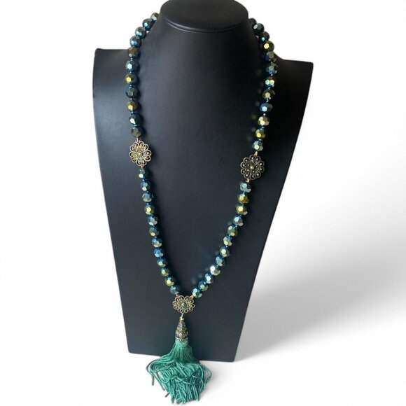 Heidi Daus Dreams do Come True Green Peacock AB Crystal Tassel Necklace 28